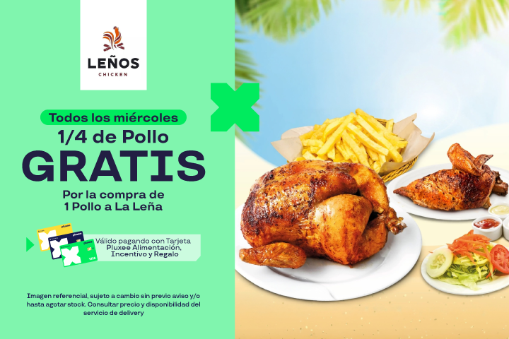 TODOS LOS MIERCOLES 1/4 DE POLLO GRATIS  POR LA COMPRA DE 1 POLLO A LA LEÑA.